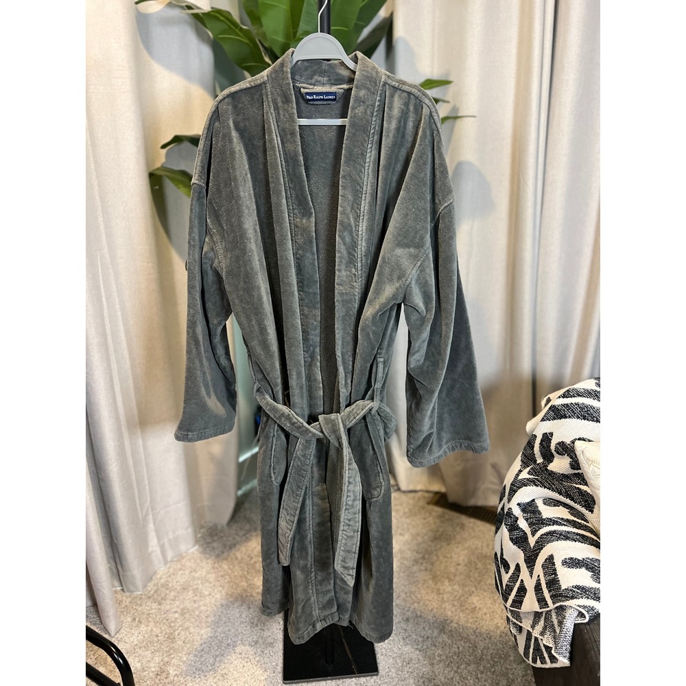 Polo Ralph Lauren Mens Gray Cotton Terry Cloth Bath Robe L/XL Shawl Collar Logo